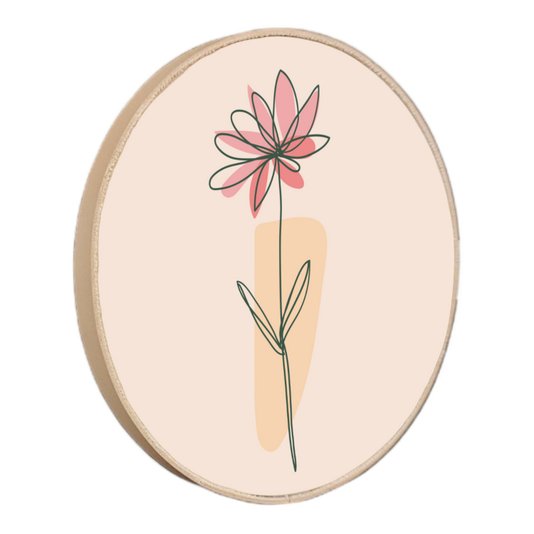 Quadro Decorativo Redondo Silhueta Flor Rosa e Detalhe Laranja com Moldura em Couro Sintético