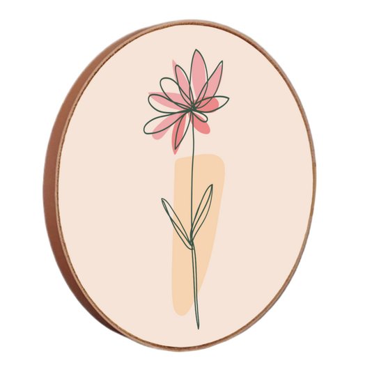 Quadro Decorativo Redondo Silhueta Flor Rosa e Detalhe Laranja com Moldura em Couro Sintético