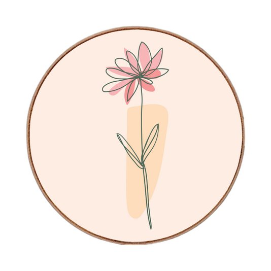 Quadro Decorativo Redondo Silhueta Flor Rosa e Detalhe Laranja com Moldura em Couro Sintético
