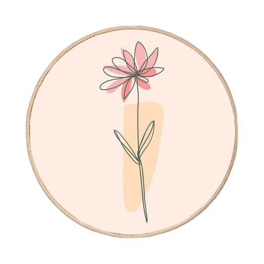 Quadro Decorativo Redondo Silhueta Flor Rosa e Detalhe Laranja com Moldura em Couro Sintético