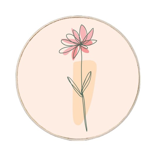 Quadro Decorativo Redondo Silhueta Flor Rosa e Detalhe Laranja com Moldura em Couro Sintético