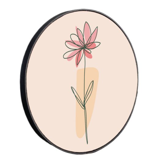 Quadro Decorativo Redondo Silhueta Flor Rosa e Detalhe Laranja com Moldura em Couro Sintético