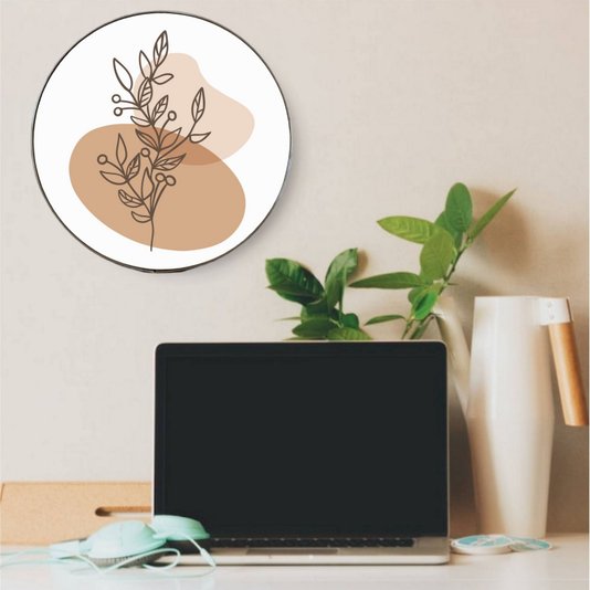 Quadro Decorativo Redondo Silhueta Folhagem com Moldura Flexível Metalizada