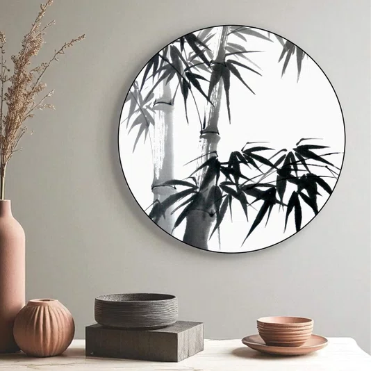 Quadro Decorativo Redondo Take Pintura de Bambu no Estilo Sumiê com Moldura em Couro Sintético