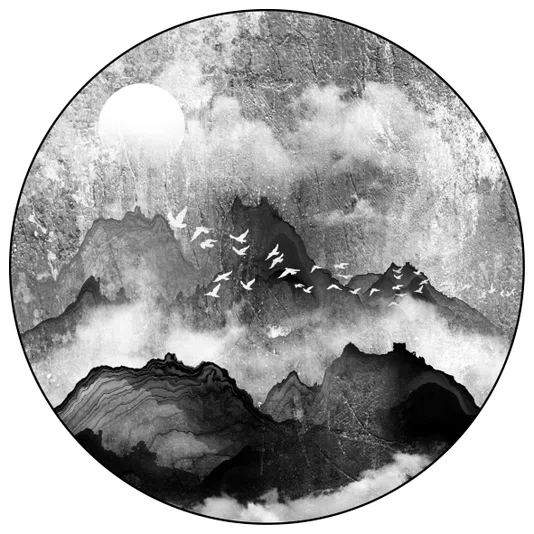 Quadro Decorativo Redondo Tori Yama Arte de Montanhas e Pássaros no Estilo Sumiê com Moldura em Couro Sintético