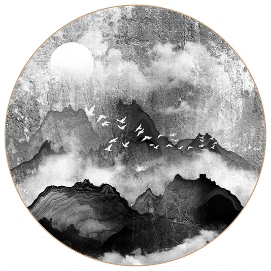 Quadro Decorativo Redondo Tori Yama Arte de Montanhas e Pássaros no Estilo Sumiê com Moldura em Couro Sintético