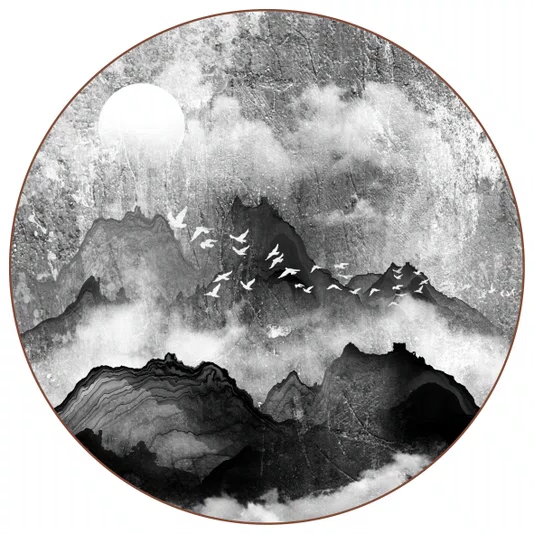 Quadro Decorativo Redondo Tori Yama Arte de Montanhas e Pássaros no Estilo Sumiê com Moldura em Couro Sintético