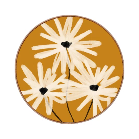 Quadro Decorativo Redondo Trio de Flores em Fundo Ocre