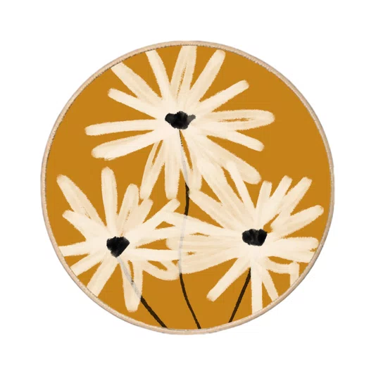 Quadro Decorativo Redondo Trio de Flores em Fundo Ocre