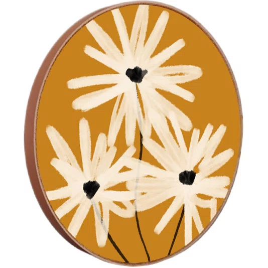 Quadro Decorativo Redondo Trio de Flores em Fundo Ocre