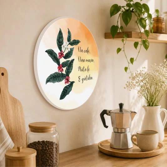 Quadro Decorativo Redondo Um Café Uma Oração Muita Fé e Gratidão