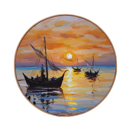 Quadro Decorativo Redondo Veleiros no Mar Dourado