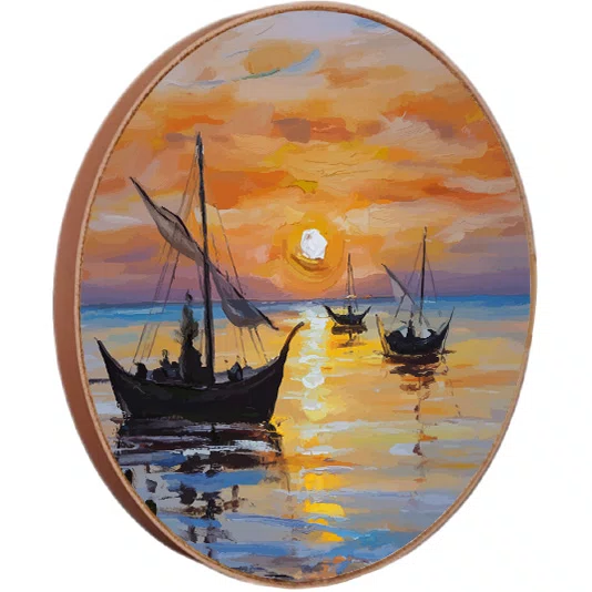 Quadro Decorativo Redondo Veleiros no Mar Dourado