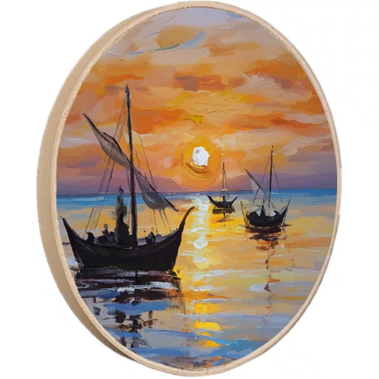 Quadro Decorativo Redondo Veleiros no Mar Dourado