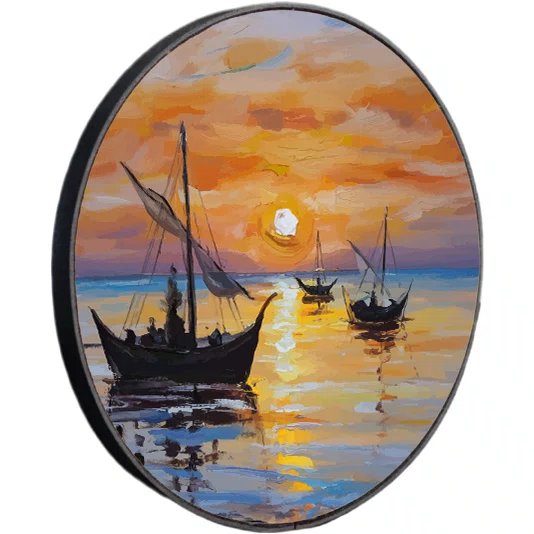 Quadro Decorativo Redondo Veleiros no Mar Dourado