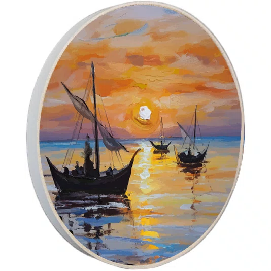Quadro Decorativo Redondo Veleiros no Mar Dourado