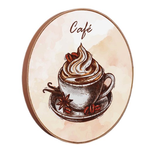 Quadro Decorativo Redondo Xícara de Café com Moldura em Couro Sintético