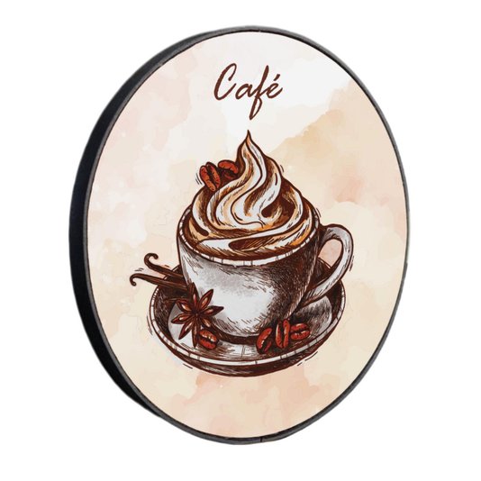 Quadro Decorativo Redondo Xícara de Café com Moldura em Couro Sintético