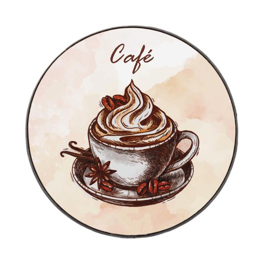 Quadro Decorativo Redondo Xícara de Café com Moldura em Couro Sintético