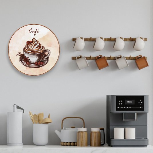 Quadro Decorativo Redondo Xícara de Café com Moldura em Couro Sintético