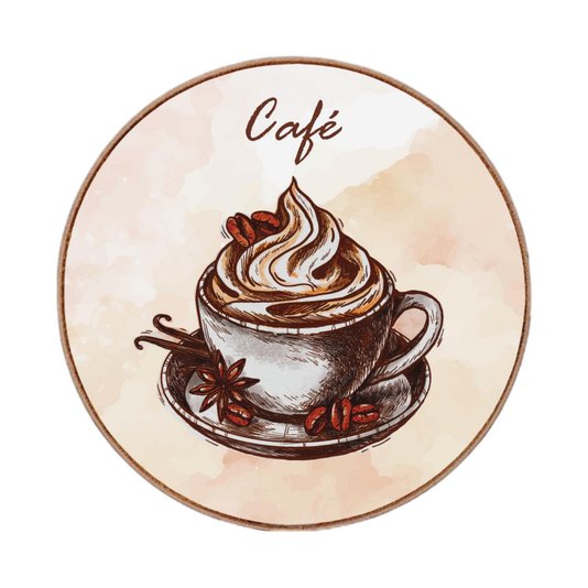 Quadro Decorativo Redondo Xícara de Café com Moldura em Couro Sintético