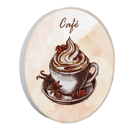 Quadro Decorativo Redondo Xícara de Café com Moldura em Couro Sintético