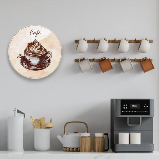 Quadro Decorativo Redondo Xícara de Café com Moldura em Couro Sintético
