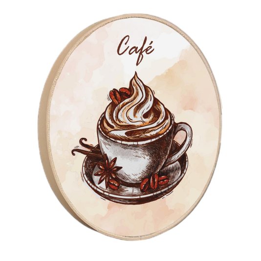 Quadro Decorativo Redondo Xícara de Café com Moldura em Couro Sintético