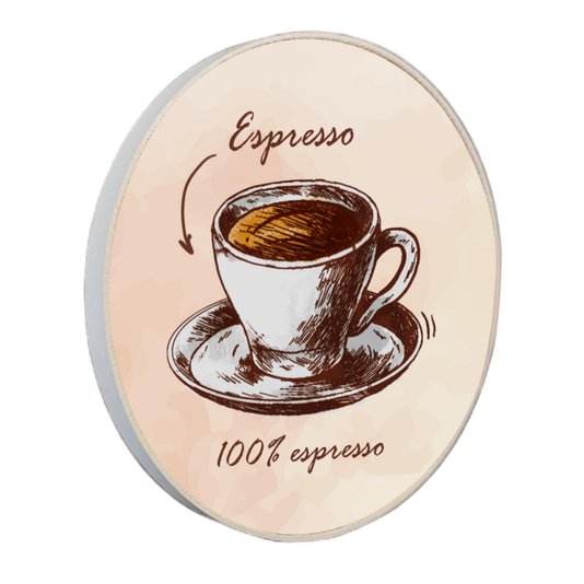 Quadro Decorativo Redondo Xícara de Café Espresso com Moldura em Couro Sintético