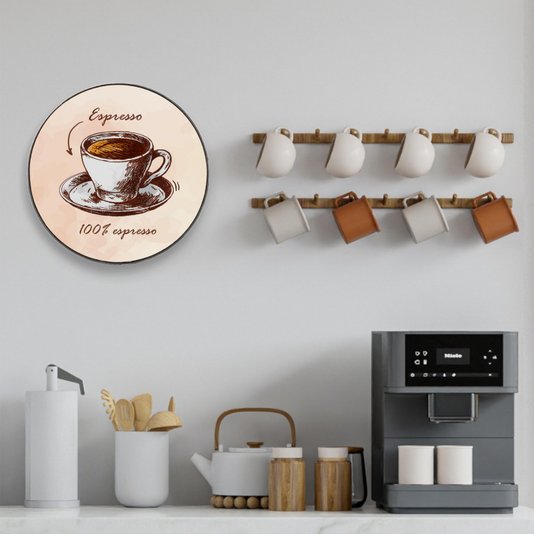 Quadro Decorativo Redondo Xícara de Café Espresso com Moldura em Couro Sintético