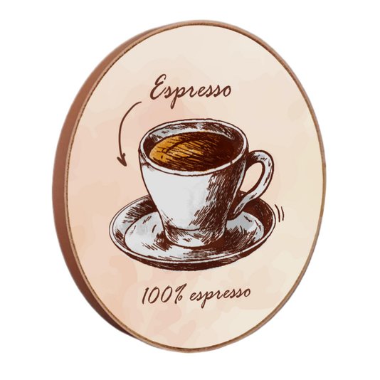 Quadro Decorativo Redondo Xícara de Café Espresso com Moldura em Couro Sintético
