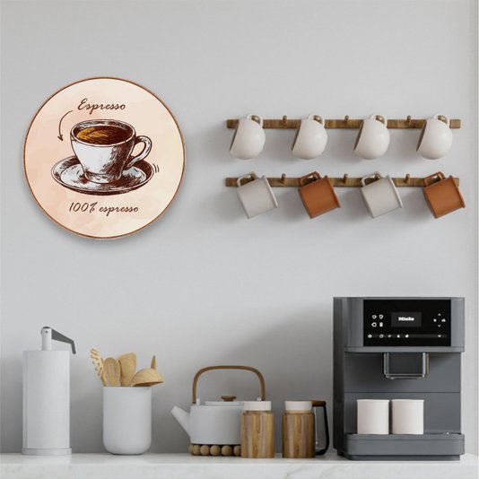 Quadro Decorativo Redondo Xícara de Café Espresso com Moldura em Couro Sintético