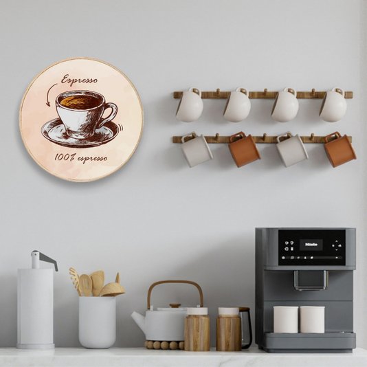 Quadro Decorativo Redondo Xícara de Café Espresso com Moldura em Couro Sintético