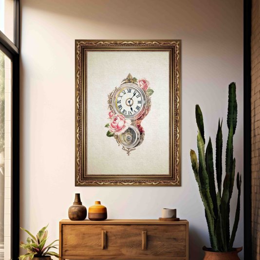 Quadro Decorativo Relógio Com Flores Vintage