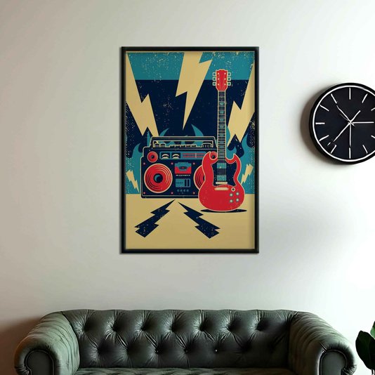 Quadro Decorativo Rock And Roll Guitarra E Rádio Vintage