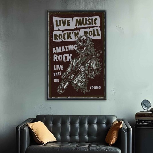 Quadro Decorativo Rock And Roll Live Music Esqueleto