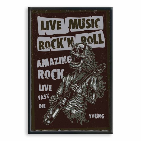 Quadro Decorativo Rock And Roll Live Music Esqueleto