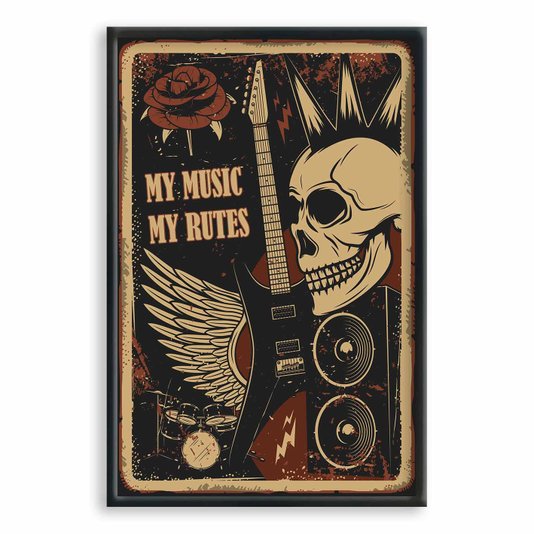 Quadro Decorativo Rock And Roll My Music My Rutes Crânio E Guitarra
