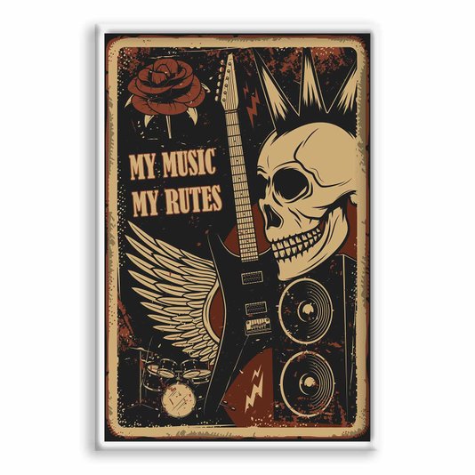 Quadro Decorativo Rock And Roll My Music My Rutes Crânio E Guitarra