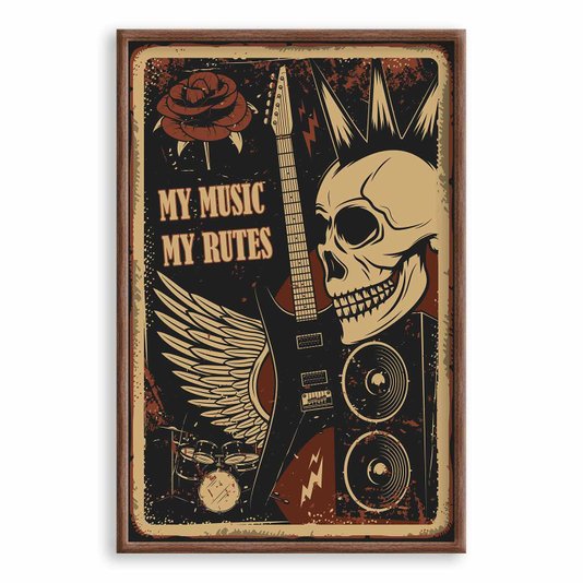 Quadro Decorativo Rock And Roll My Music My Rutes Crânio E Guitarra