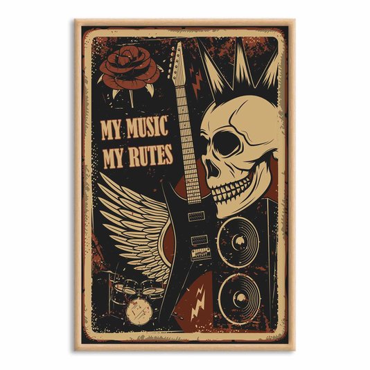 Quadro Decorativo Rock And Roll My Music My Rutes Crânio E Guitarra