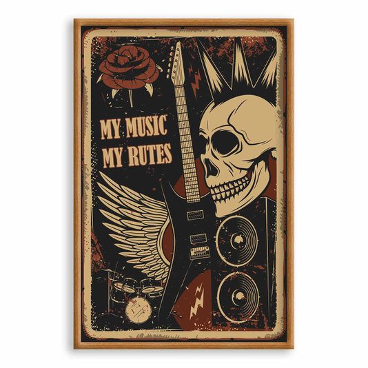 Quadro Decorativo Rock And Roll My Music My Rutes Crânio E Guitarra