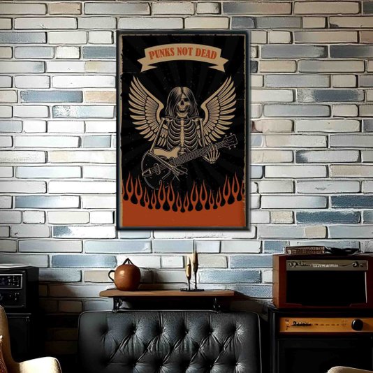 Quadro Decorativo Rock And Roll Punks Not Dead Esqueleto E Guitarra