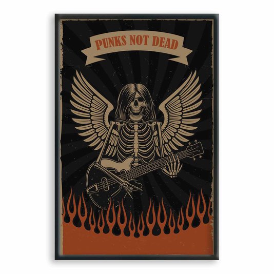 Quadro Decorativo Rock And Roll Punks Not Dead Esqueleto E Guitarra
