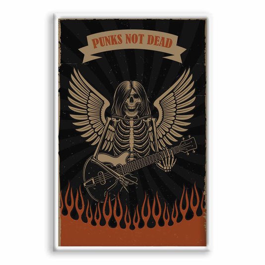 Quadro Decorativo Rock And Roll Punks Not Dead Esqueleto E Guitarra