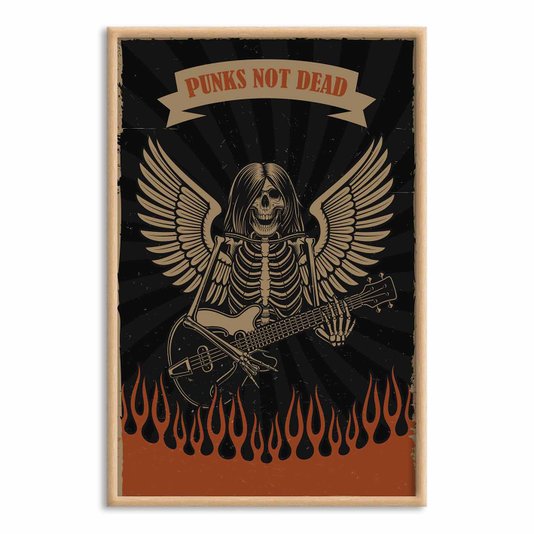 Quadro Decorativo Rock And Roll Punks Not Dead Esqueleto E Guitarra