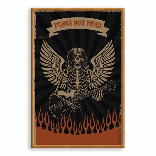 Quadro Decorativo Rock And Roll Punks Not Dead Esqueleto E Guitarra