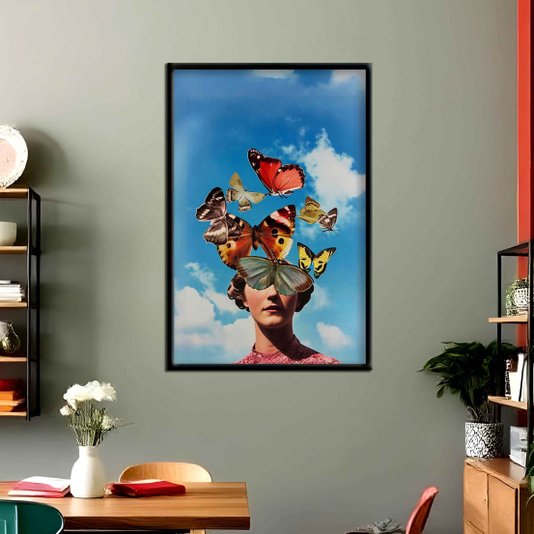 Quadro Decorativo Surrealista Mulher Com Borboletas