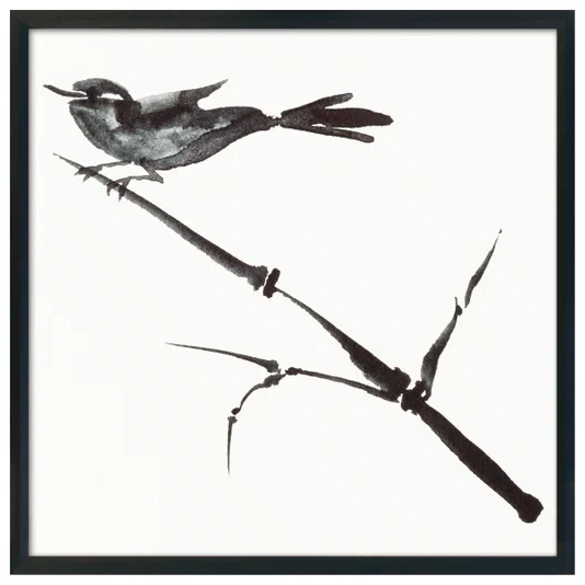 Quadro Decorativo Suzume Arte de Pardal Pousado em galho no Estilo Sumiê