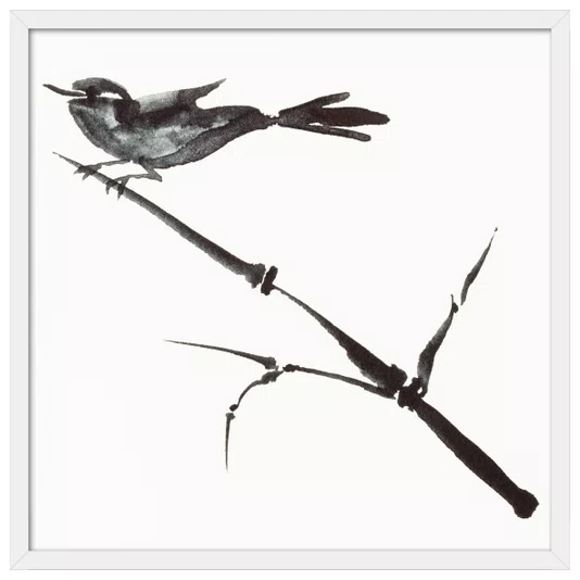Quadro Decorativo Suzume Arte de Pardal Pousado em galho no Estilo Sumiê